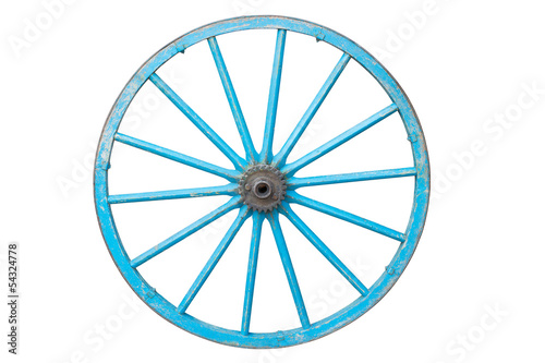 An old  blue wagon wheel