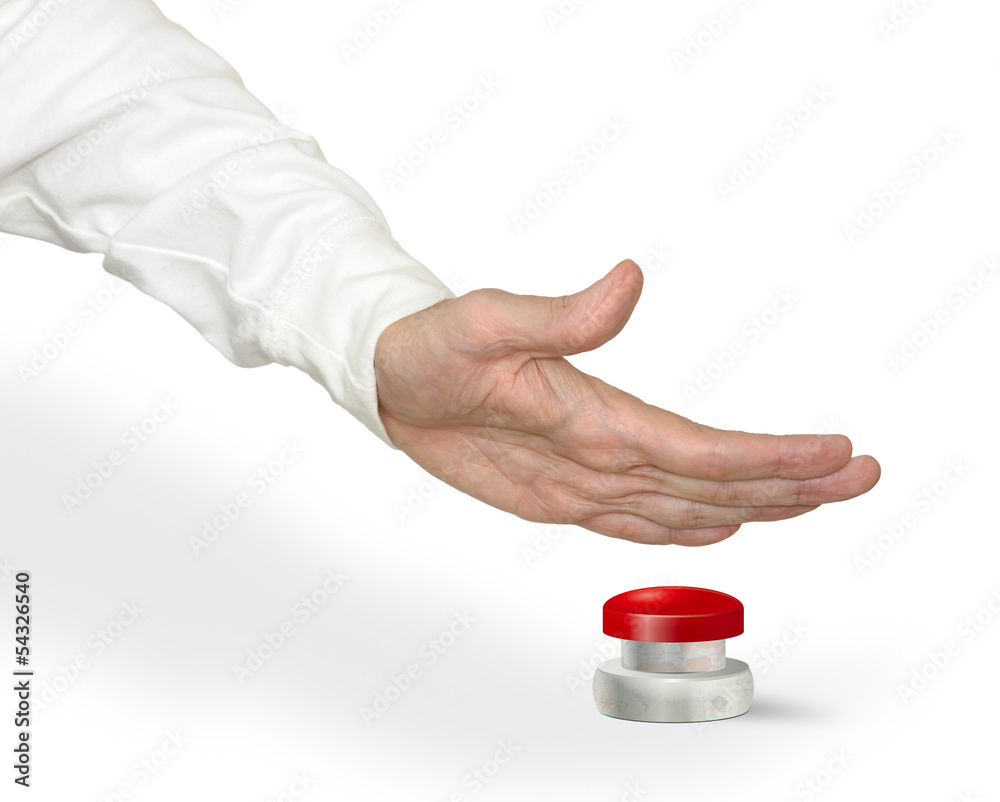 A man pushing a big red start/stop/alarm button with the palm of hand