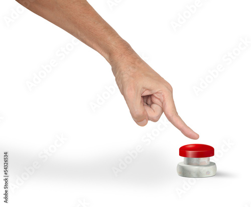 A man pushing a big red start/stop/alarm button with finger