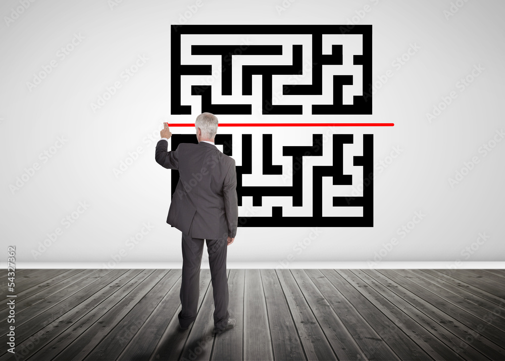 Businessman drawing red line through quick response code Businessman drawing red line through quick response code
