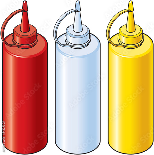 Isometric Illustration of Ketchup, Vinegar and Mustard Bottles