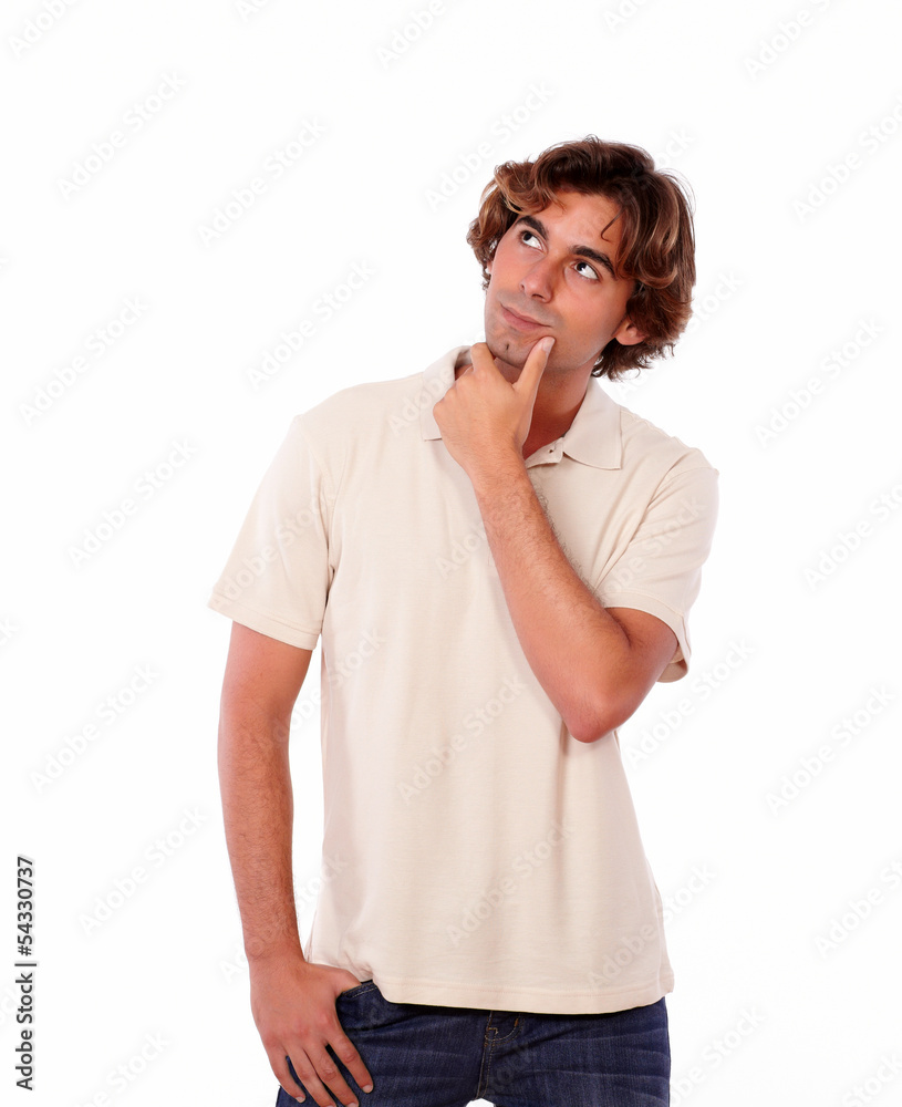Interested man reflecting alone while standing Interested man reflecting alone while standing