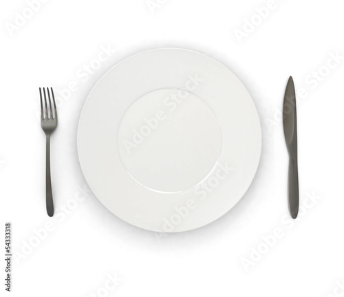 wineglass, a fork, knife and a plate. 3D image.