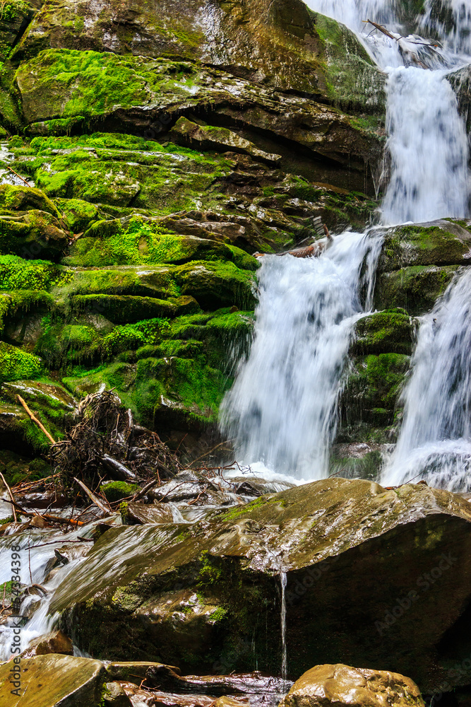 Obraz premium mountain stream on wet rocks with moss