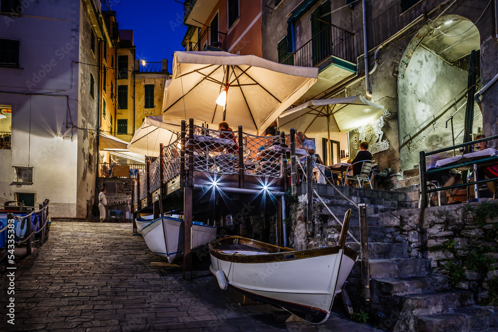 Illuminated Street of Riomaggiore in Cinque Terre at Night, Ital