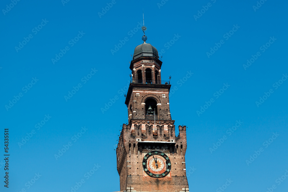 The Clock Tower of Sforzesco Castle in Milan, Lombardy, Italy