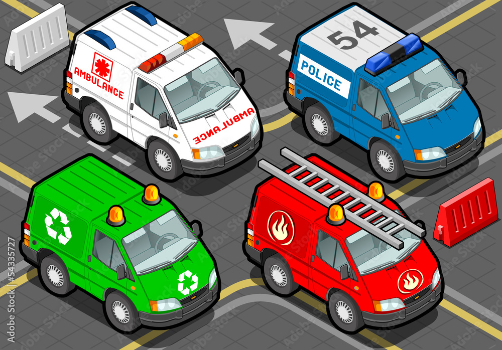 Isometric Trucks firefighters, police, ambulance, garbage