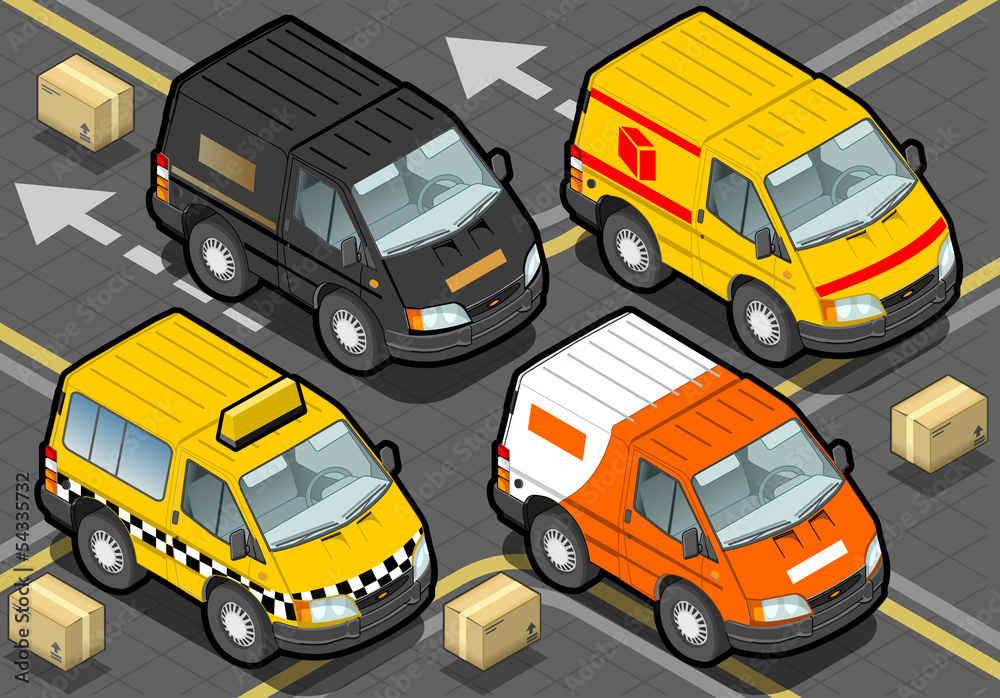 Isometric Delivery Trucks And Taxi In Front View Isometric Delivery Trucks And Taxi In Front View