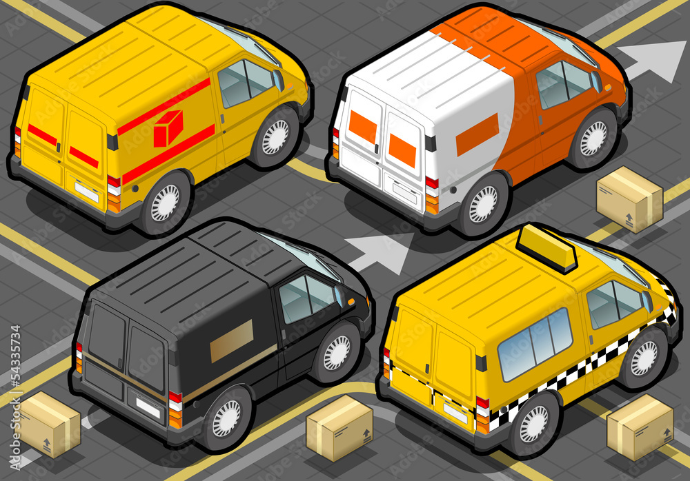Isometric Delivery Truck and Taxi in Rear View Isometric Delivery Truck and Taxi in Rear View