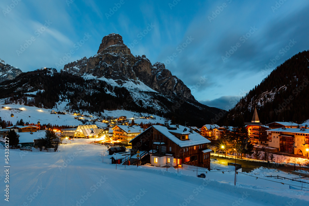 Fototapeta premium Ski Resort of Corvara at Night, Alta Badia, Dolomites Alps, Ital