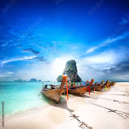 Tropical island travel landscape. Thailand beach and boats