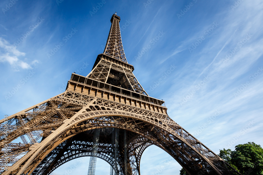 Wide View of Eiffel Tower from the Ground, Paris, France - obrazy, fototapety, plakaty 