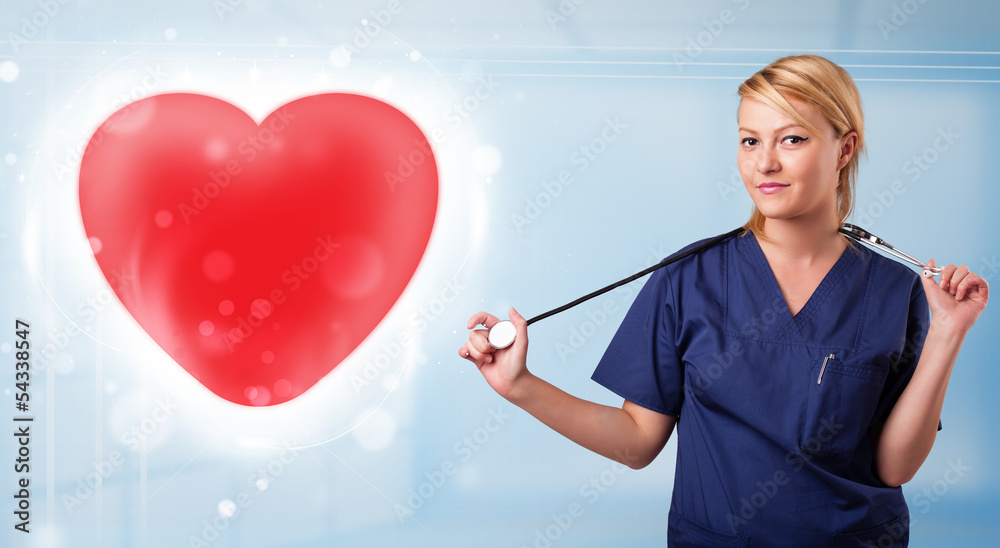 Young nurse healing a red heart Young nurse healing a red heart