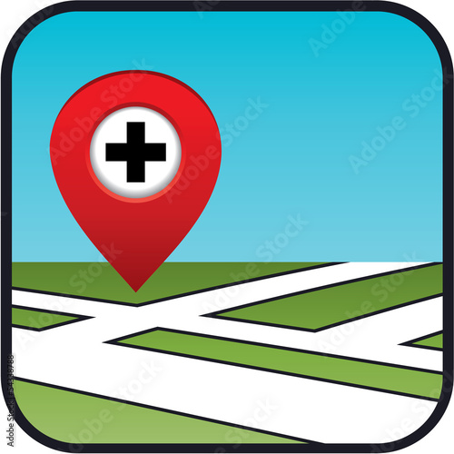 Street map icon with the pointer pharmacies, hospitals.