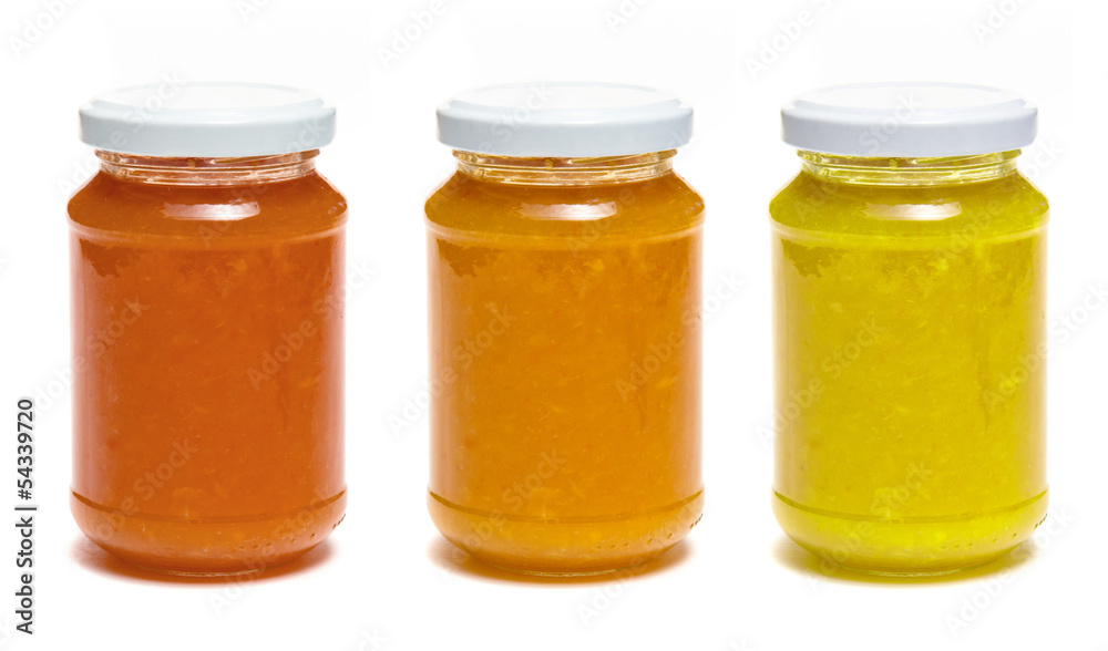 Three bottle of jam on white background Three bottle of jam on white background