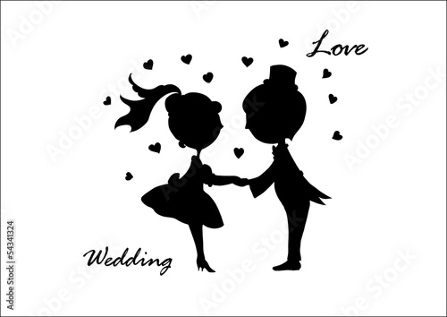 silhouette of groom and bride in wedding day on isolated white