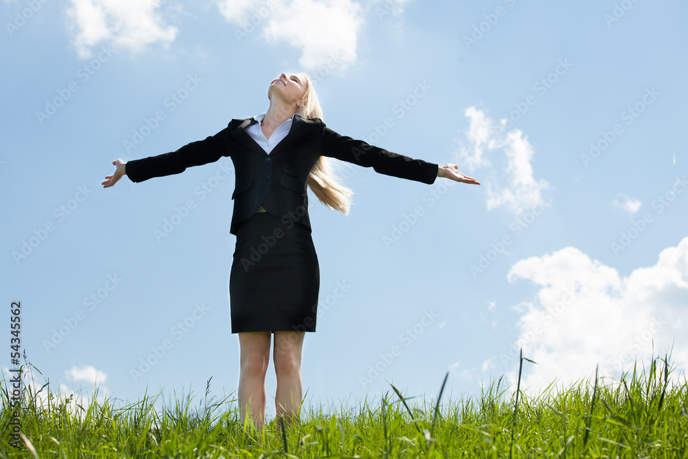Happy Businesswoman In Grassland