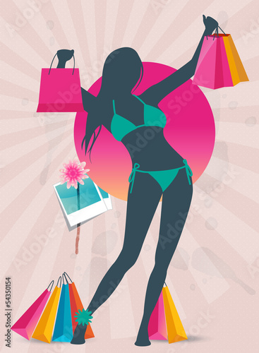 Summer shopping sale banner with fashion girl silhouette