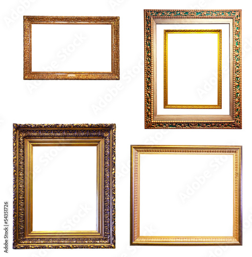 Set of few gold frames. Isolated over white background