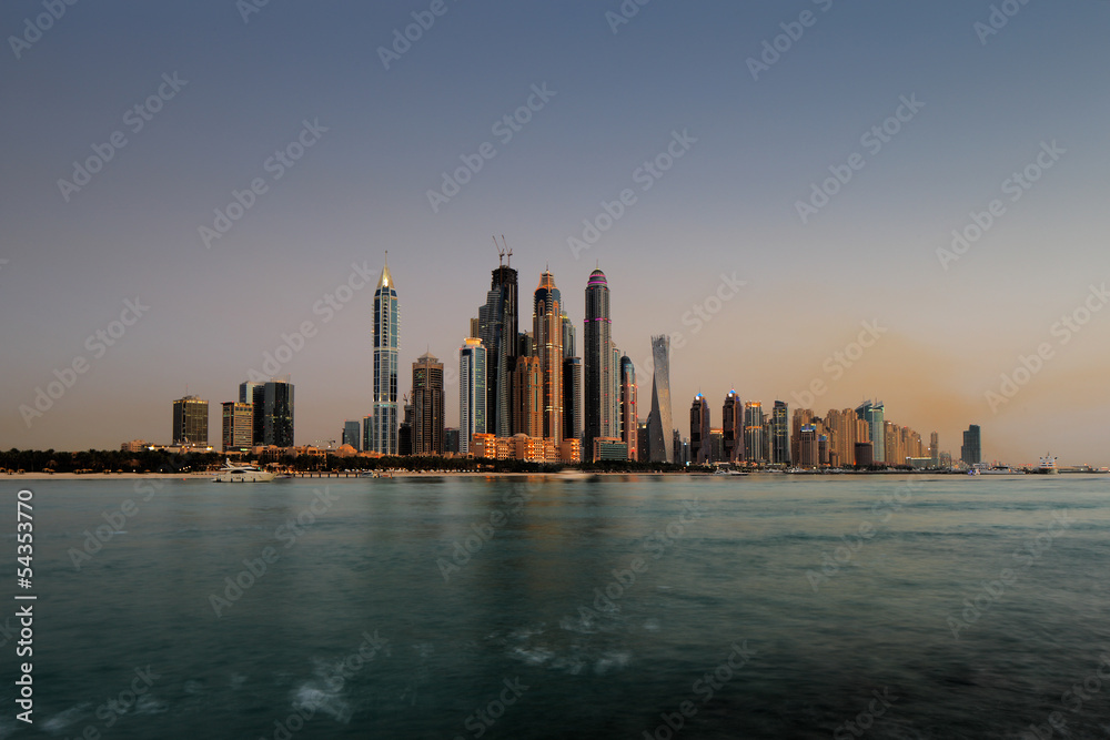 Dubai Marina skyline as seen from Palm Jumeirah, UAE