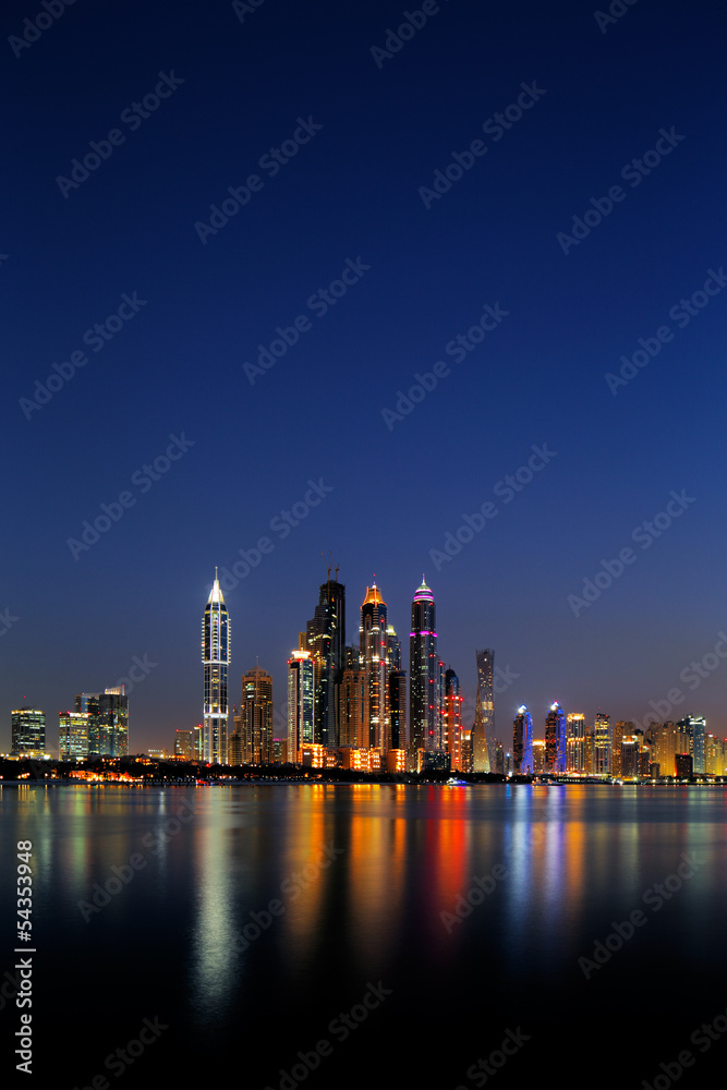 Dubai Marina, UAE at dusk as seen from Palm Jumeirah