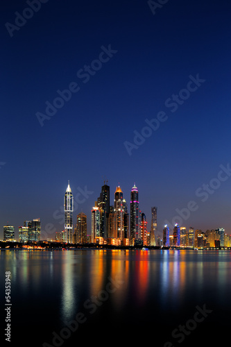 Dubai Marina, UAE at dusk as seen from Palm Jumeirah