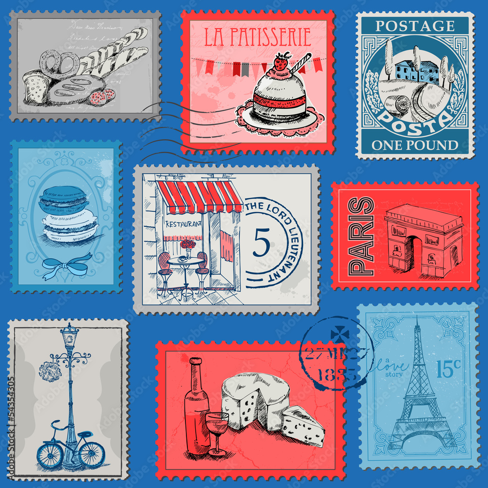 Obraz premium Set of Stamps - Vintage Paris and France
