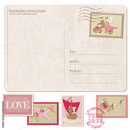 Wedding Invitation - Vintage Postcard with Postage Stamps