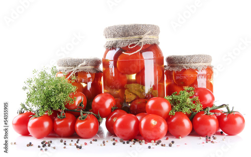 Tasty canned and fresh tomatoes, isolated on white