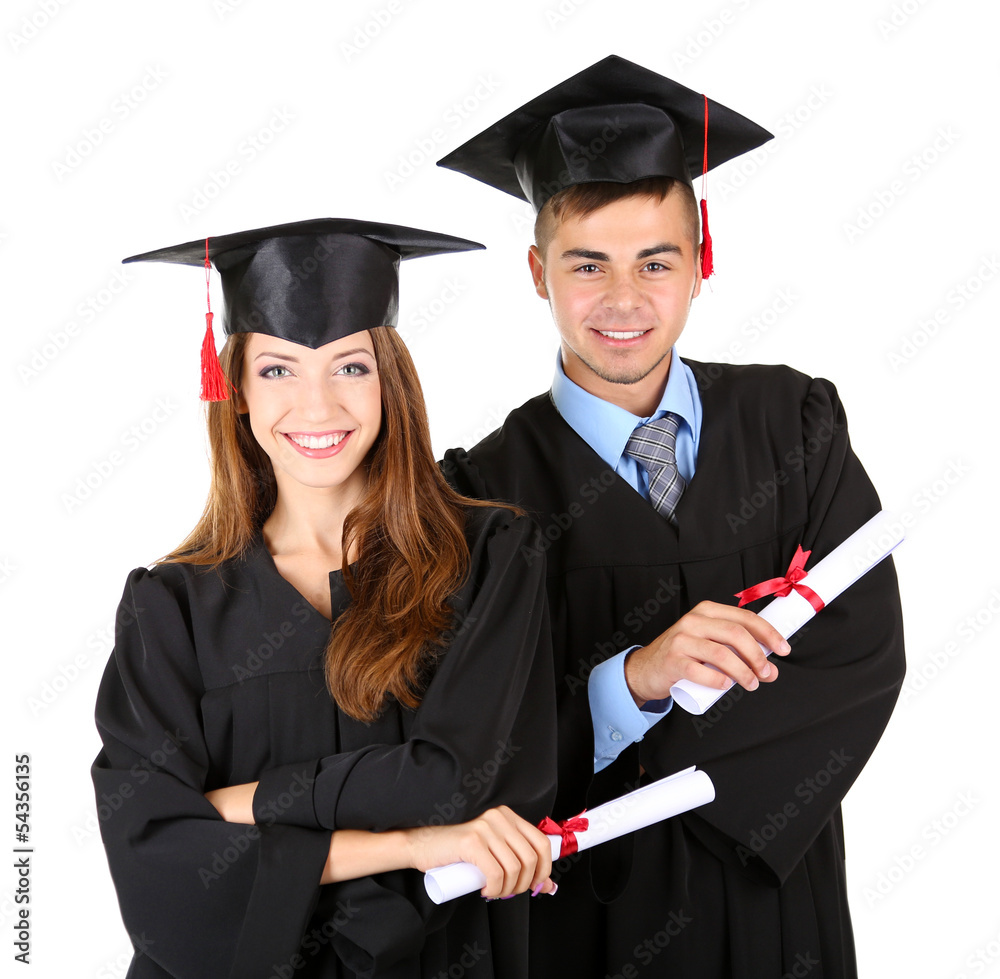 Two happy graduating students isolated on white Two happy graduating students isolated on white