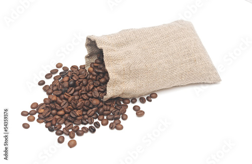 coffee beans and burlap sack isolated on white