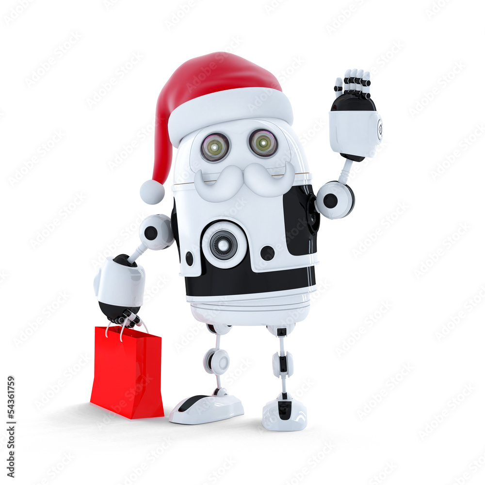 Android robot with santa's hat and a shopping bag Android robot with santa's hat and a shopping bag