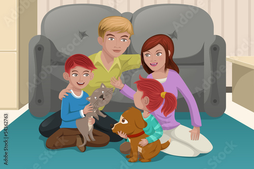 Happy family with pets