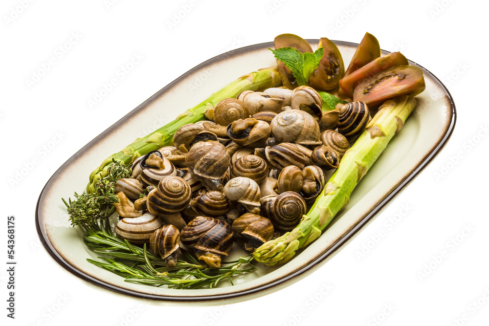 Escargot with asparagus, rosemary, thymus and tomato Escargot with asparagus, rosemary, thymus and tomato