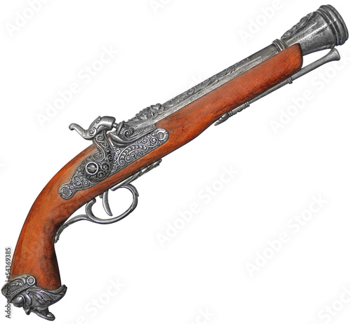 Antique flintlock blunderbuss pistol isolated on white background