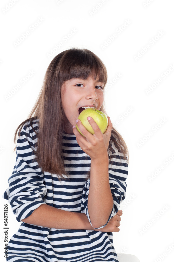 happy cute girl with apple on white background happy cute girl with apple on white background