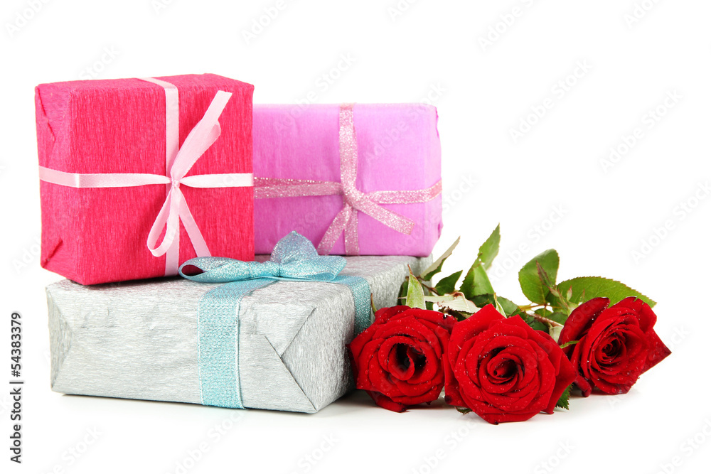 Beautiful roses and presents, isolated on white Beautiful roses and presents, isolated on white