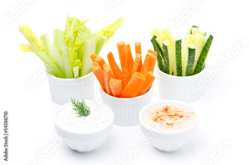 Assorted fresh vegetables and two sauses
