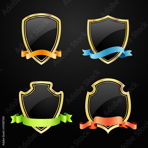 Black shield with a golden frame and ribbon