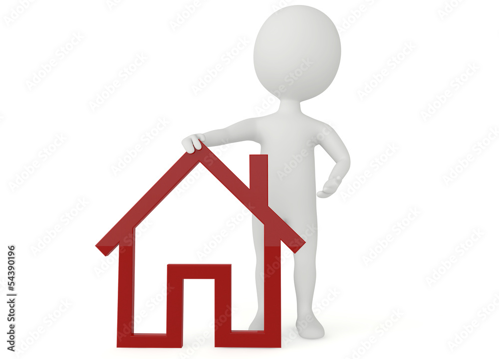 3d humanoid character with a red hosue symbol 3d humanoid character with a red hosue symbol