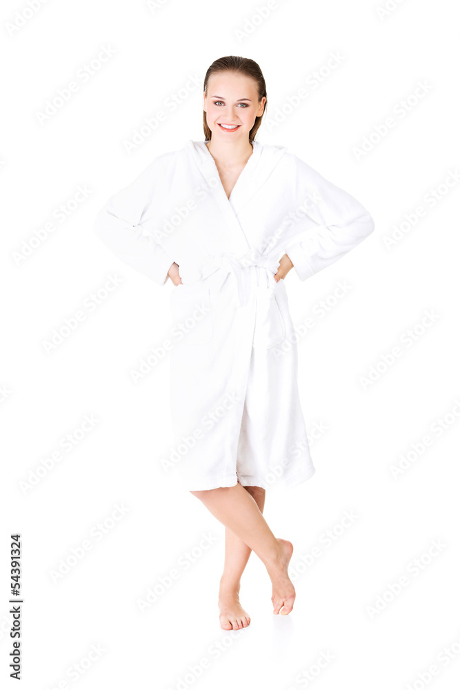 Attractive woman with a bathrobe - obrazy, fototapety, plakaty 