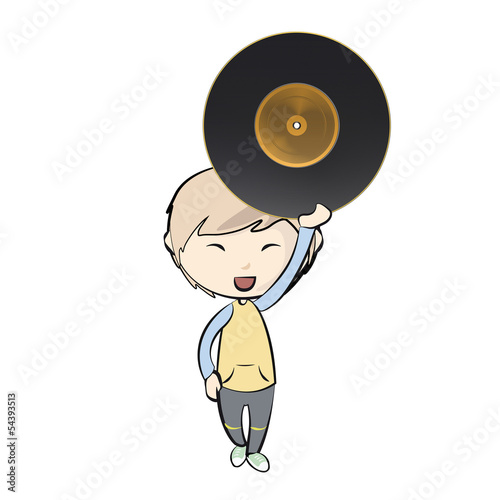Kid holding vinyl isolated on white. Vector design