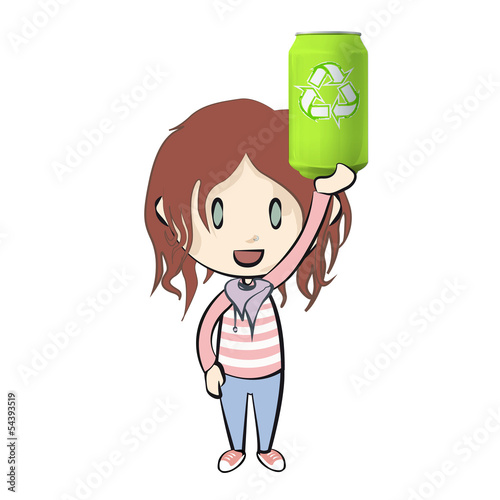 Girl holding a tin with recycling icon. Vector design.
