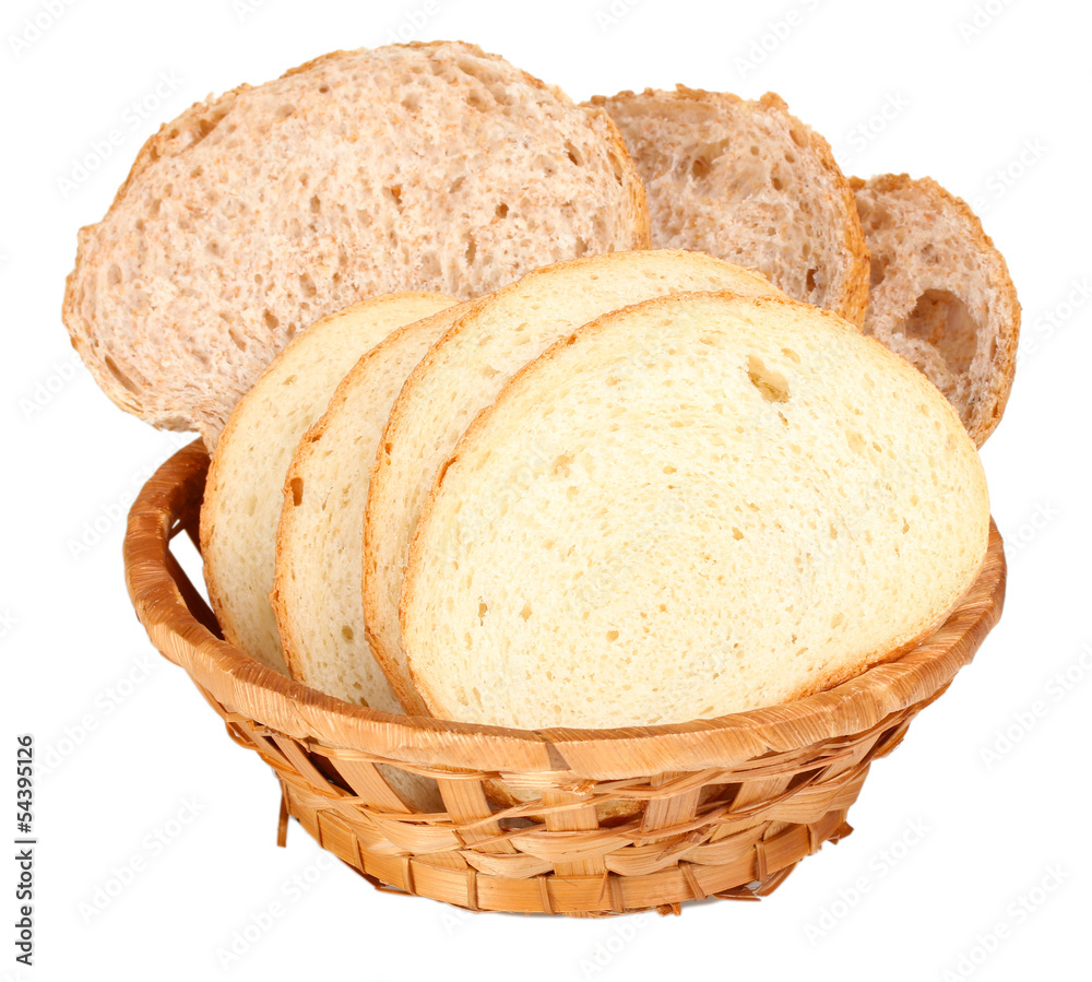 delicious sliced ​ bread in wicker basket isolated on white