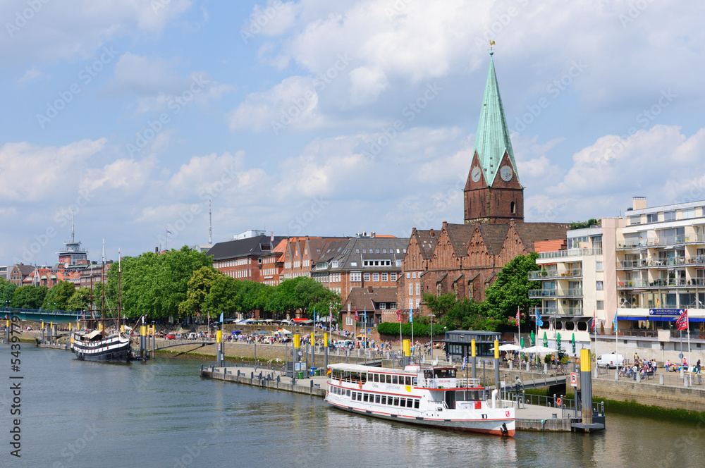Cityscape along the Weser river in Bremen, Germany