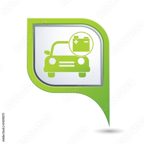 Car service. Car with accumulator icon on green map pointer