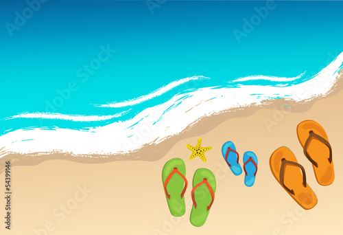 Summer shoes and starfish on beach, vector