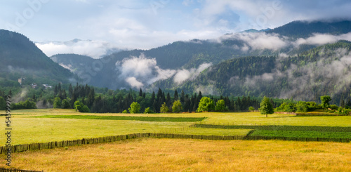 Landscape with meadows and mountains in the fog