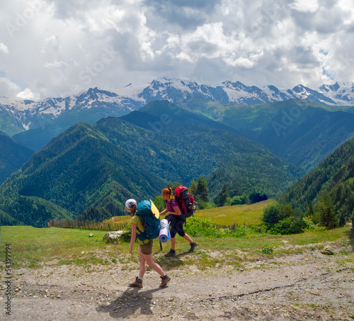 Young women trekking in Svaneti,