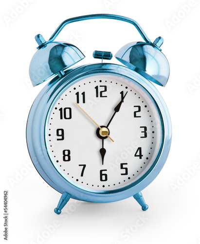 Alarm clock showing six hours with clipping path with no shadows
